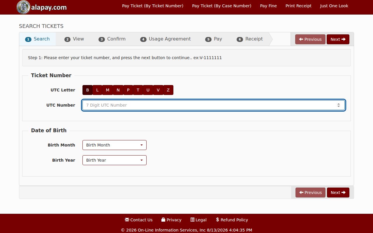 Hale County traffic ticket fields in AlaPay UTC search
